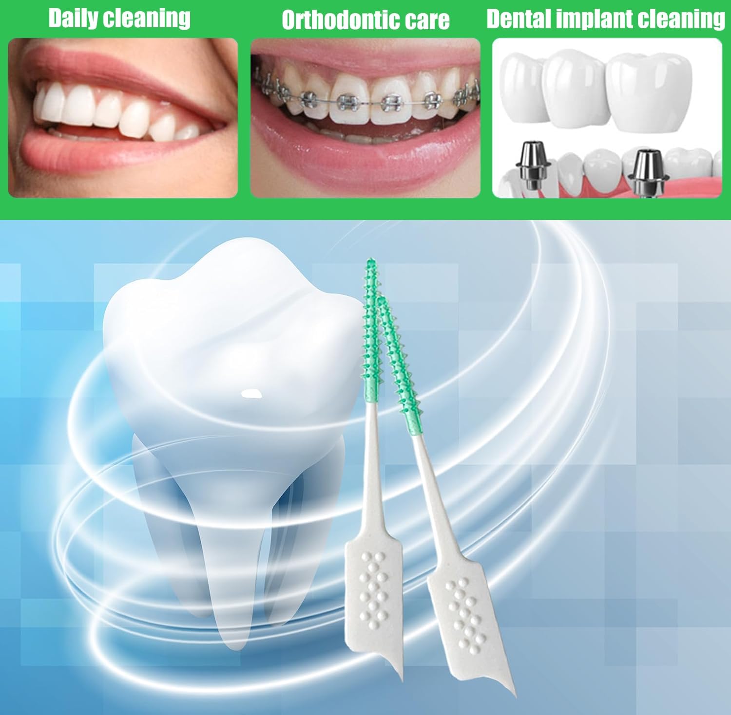 200 Pieces Interdental Brushes Green, Tooth Picks Floss Sticks, Floss Brushes, Dental Tools for Braces Oral Cleaning, Braces Cleaning Kit