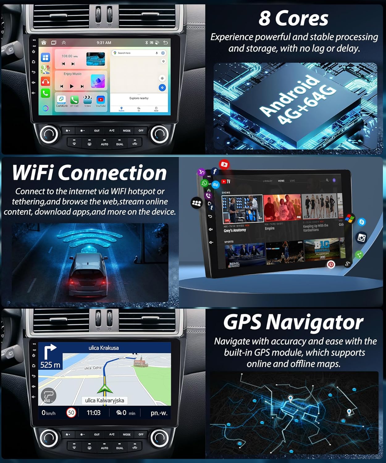 8 Core 4G 64G for Ford Focus Exi MT 2 3 Mk2/Mk3 2004-2011 Android Car Stereo with Carplay, 9 Inch Touch Screen Car Radio with GPS Bluetooth FM RDS DSP WiFi Android Auto + AHD Backup Camera