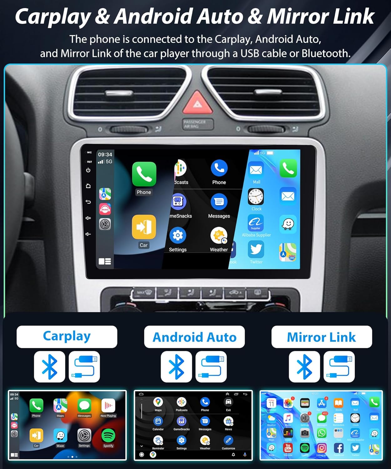 8 Core 4G 64G for Ford Focus Exi MT 2 3 Mk2/Mk3 2004-2011 Android Car Stereo with Carplay, 9 Inch Touch Screen Car Radio with GPS Bluetooth FM RDS DSP WiFi Android Auto + AHD Backup Camera