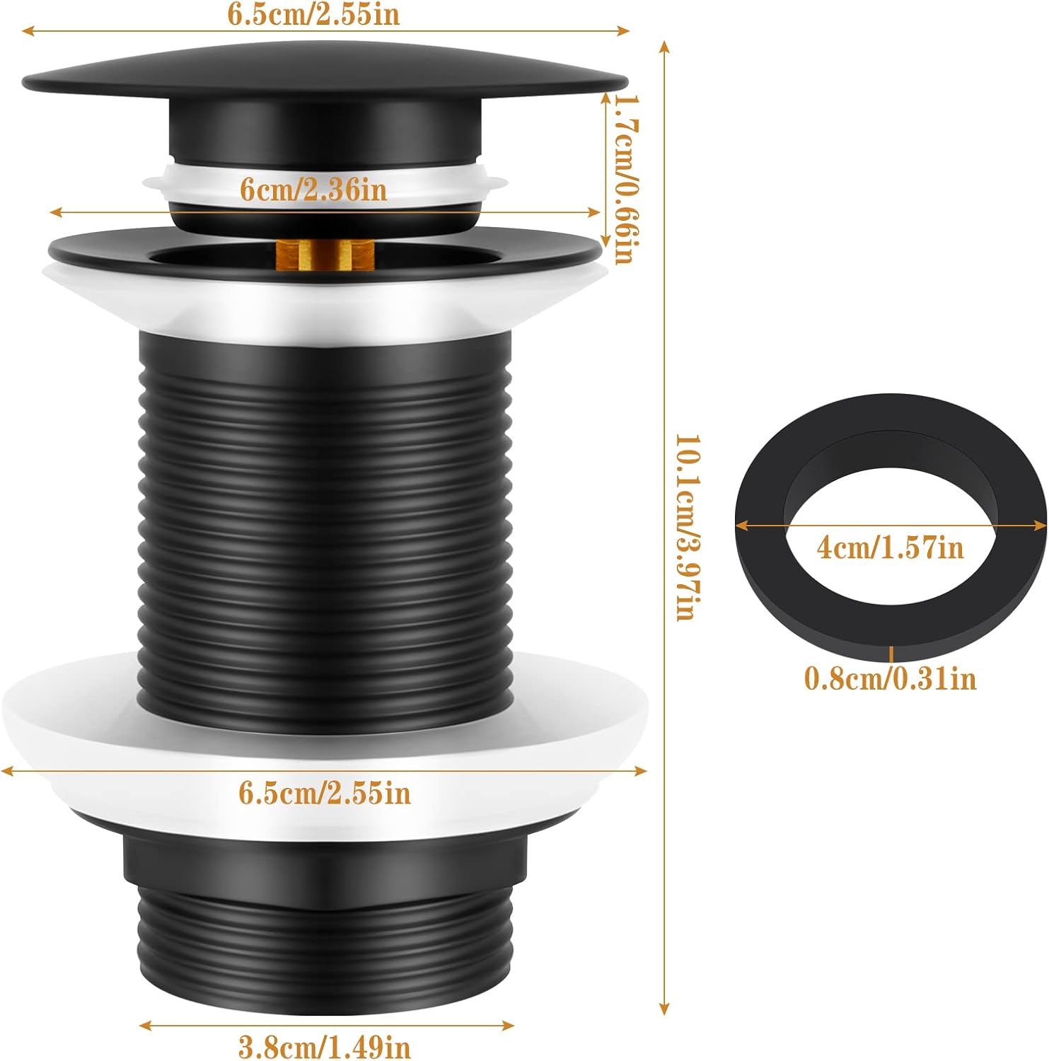 Iyowei Basin Waste Pop Up, Unslotted Pop Up Sink Plug, Matte Black Sink Waste Click Clack Basin Waste Without Overflow for Bathroom Sink, with 1Pcs Spare Rubber Gasket