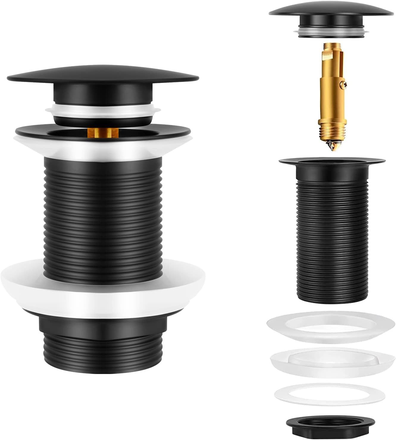 Iyowei Basin Waste Pop Up, Unslotted Pop Up Sink Plug, Matte Black Sink Waste Click Clack Basin Waste Without Overflow for Bathroom Sink, with 1Pcs Spare Rubber Gasket