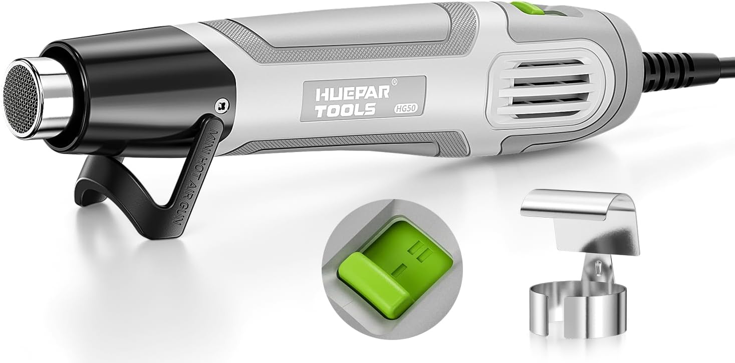 Mini Heat Gun, Huepar Tools 500W Dual Temp Setting 350℃ & 500℃ Hot Air Gun Tool with Reflector Nozzle, Heat Gun for Paint Stripping, Crafts Vinyl Wrap, Shrink Tubing, Candle Making, DIY
