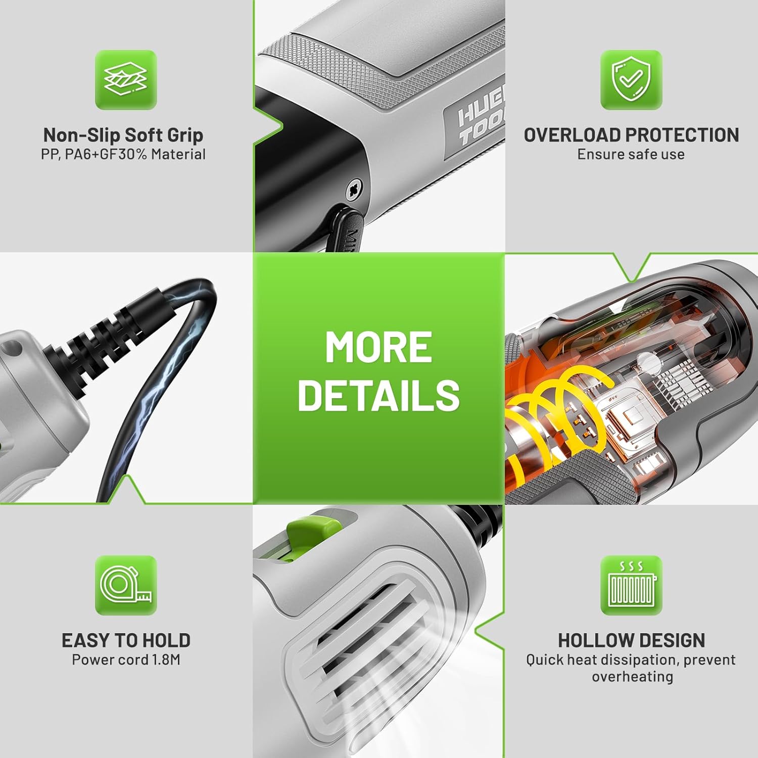 Mini Heat Gun, Huepar Tools 500W Dual Temp Setting 350℃ & 500℃ Hot Air Gun Tool with Reflector Nozzle, Heat Gun for Paint Stripping, Crafts Vinyl Wrap, Shrink Tubing, Candle Making, DIY