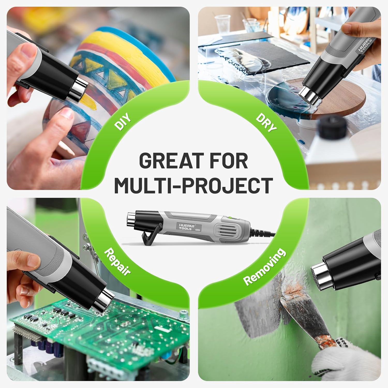 Mini Heat Gun, Huepar Tools 500W Dual Temp Setting 350℃ & 500℃ Hot Air Gun Tool with Reflector Nozzle, Heat Gun for Paint Stripping, Crafts Vinyl Wrap, Shrink Tubing, Candle Making, DIY