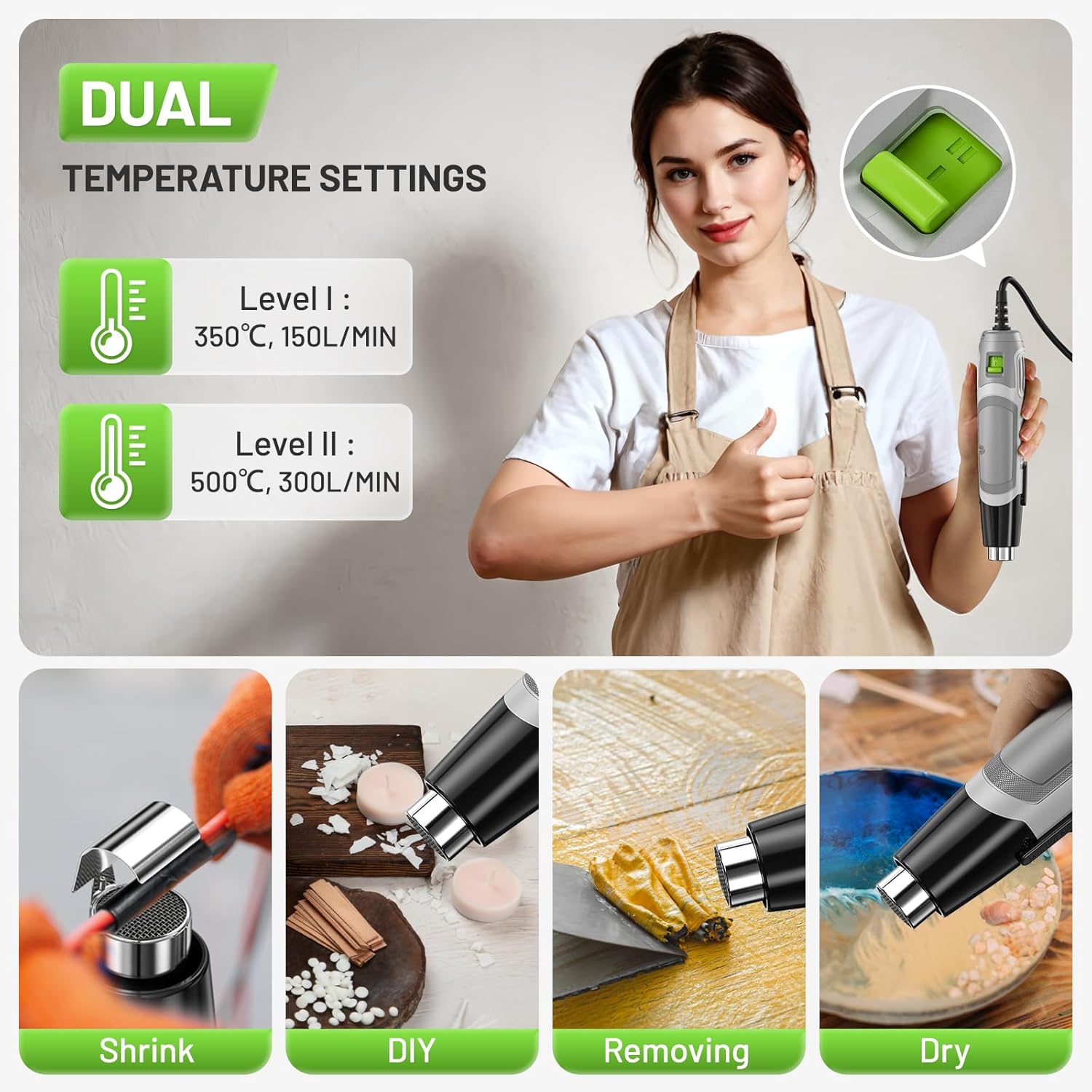 Mini Heat Gun, Huepar Tools 500W Dual Temp Setting 350℃ & 500℃ Hot Air Gun Tool with Reflector Nozzle, Heat Gun for Paint Stripping, Crafts Vinyl Wrap, Shrink Tubing, Candle Making, DIY