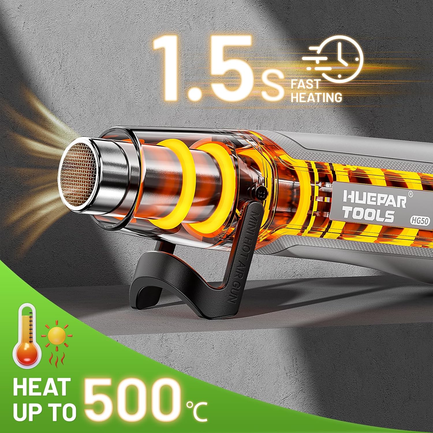 Mini Heat Gun, Huepar Tools 500W Dual Temp Setting 350℃ & 500℃ Hot Air Gun Tool with Reflector Nozzle, Heat Gun for Paint Stripping, Crafts Vinyl Wrap, Shrink Tubing, Candle Making, DIY