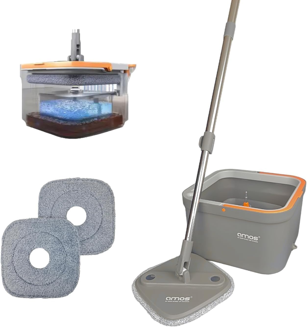 AMOS Advanced Spin Mop & Bucket Set - Self-Cleaning, 360-Degree Rotating Design with 3 Premium Microfiber Heads, Ideal for All Hard Floor Surfaces