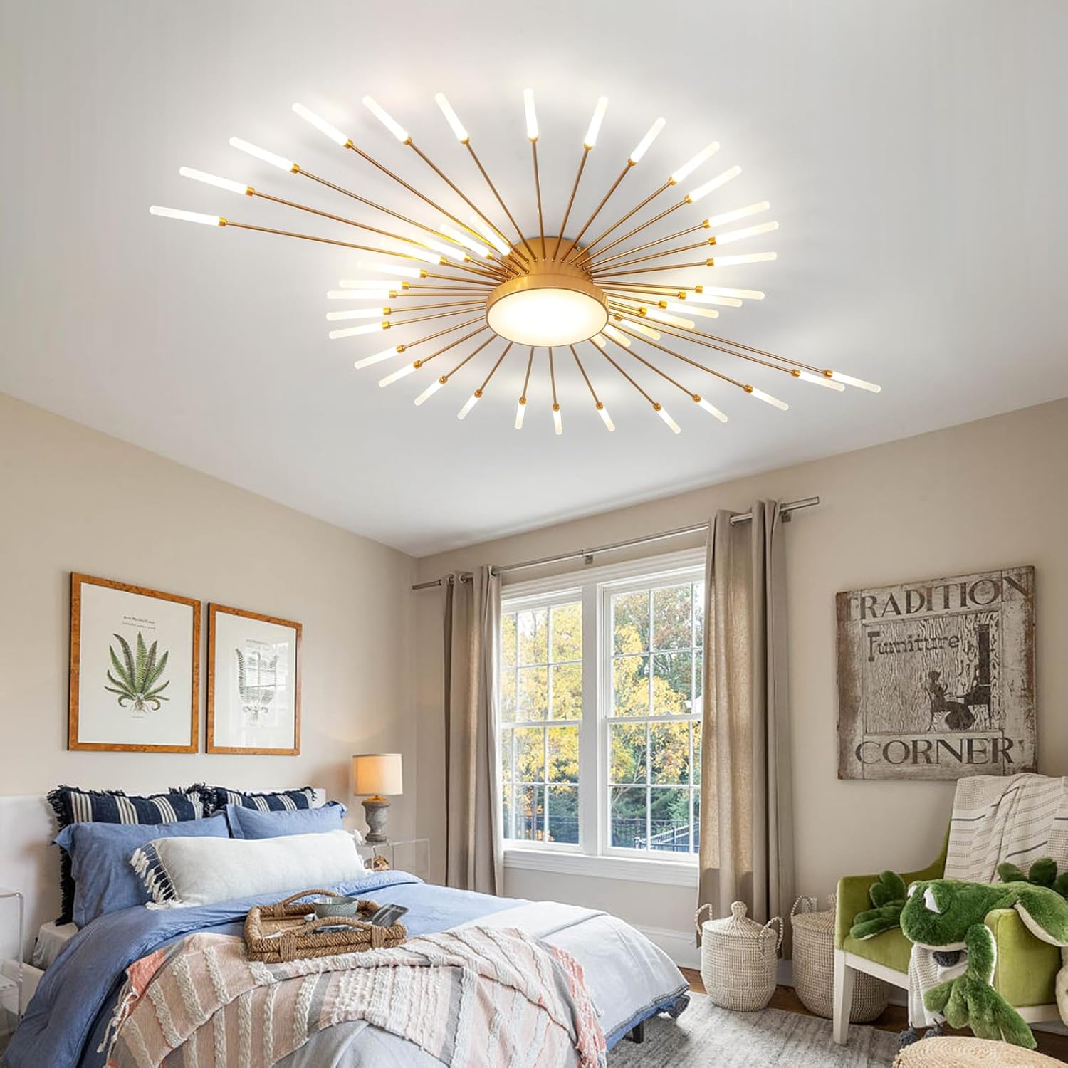 RRBEST Modern LED Ceiling Light,Living Room Ceiling Lamp,Flush Mount Lighting,Creative Fireworks Design Chandelier for Bedroom, Dining Room, Kitchen(Gold,42+1 Heads)