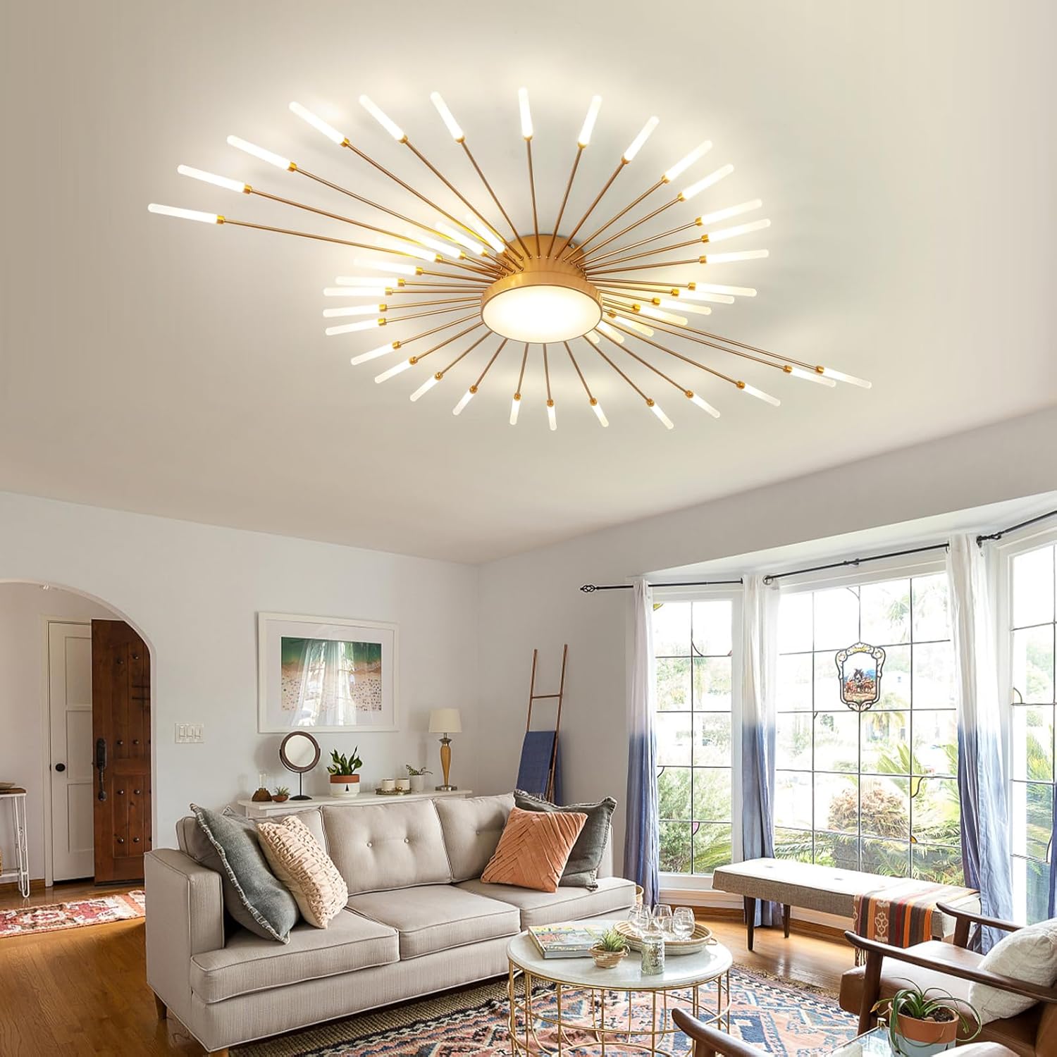 RRBEST Modern LED Ceiling Light,Living Room Ceiling Lamp,Flush Mount Lighting,Creative Fireworks Design Chandelier for Bedroom, Dining Room, Kitchen(Gold,42+1 Heads)