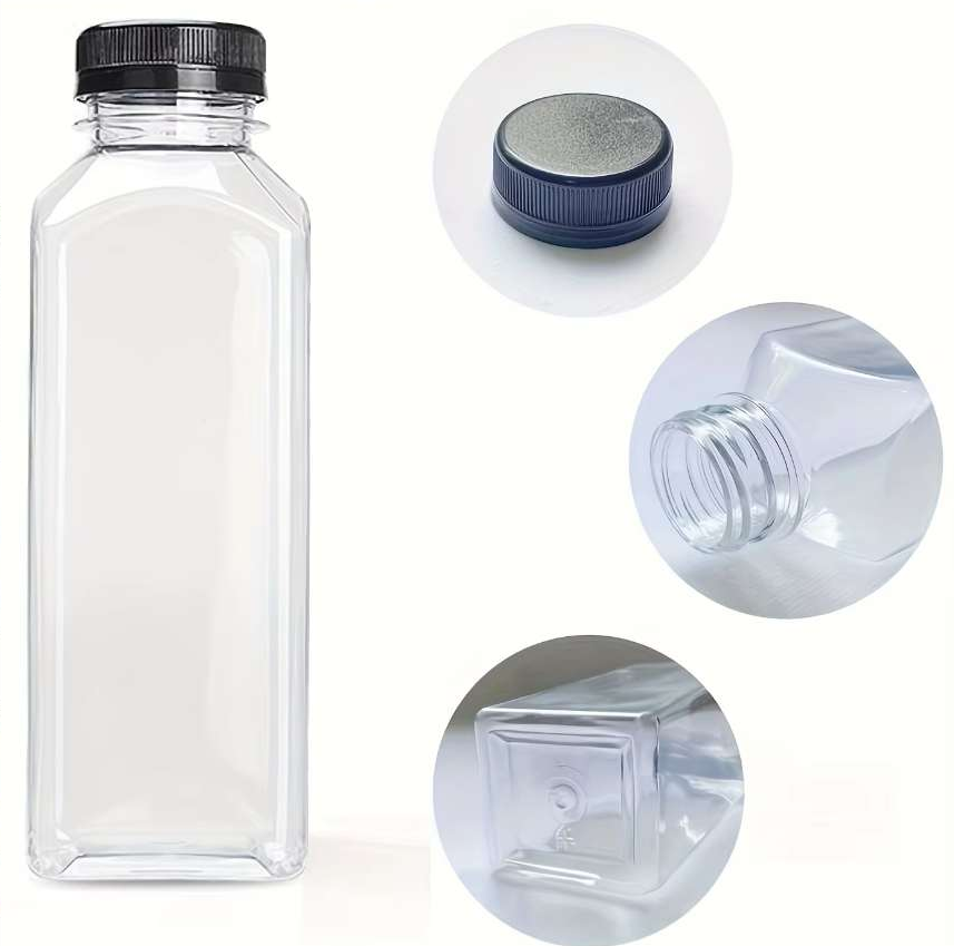 1Ps PlasticJuice Bottles, Clear PETPlastic Juice Bottles, Reusable Square Water Bottles With Black Cap Bottles For Making Juice, Milk, Salad Dressing, Smoothie (250ml)