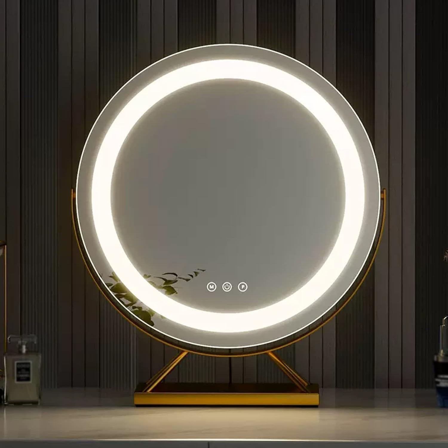 Round Cosmetic Mirror,Desktop Led Makeup Mirror Touch Switch With 3 Color Light Adjustment HD Mirror,Bedroom Living Room Bathroom Dressing Table Vanity Mirror,360°Rotating Cosmetic Mirror ,gold ( Colo