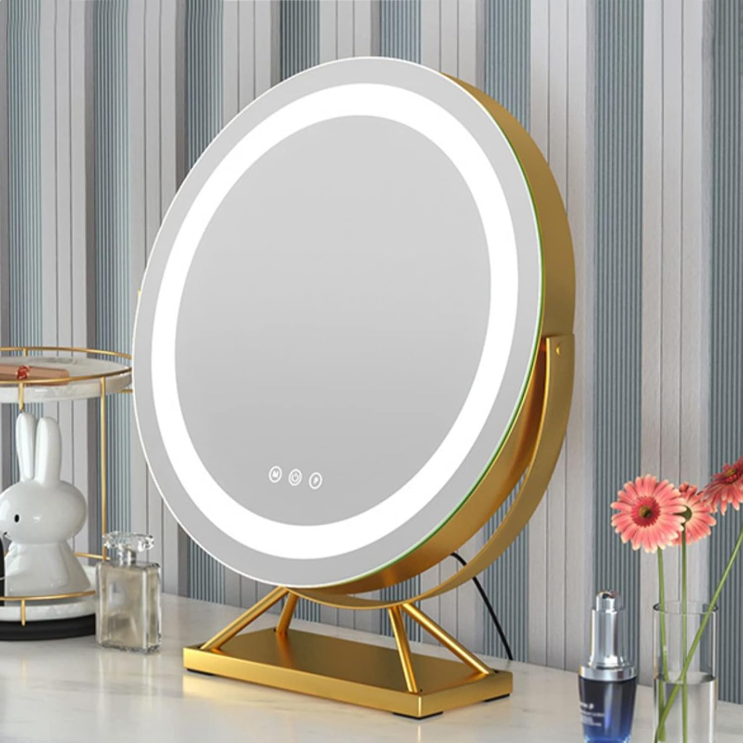 Round Cosmetic Mirror,Desktop Led Makeup Mirror Touch Switch With 3 Color Light Adjustment HD Mirror,Bedroom Living Room Bathroom Dressing Table Vanity Mirror,360°Rotating Cosmetic Mirror ,gold ( Colo