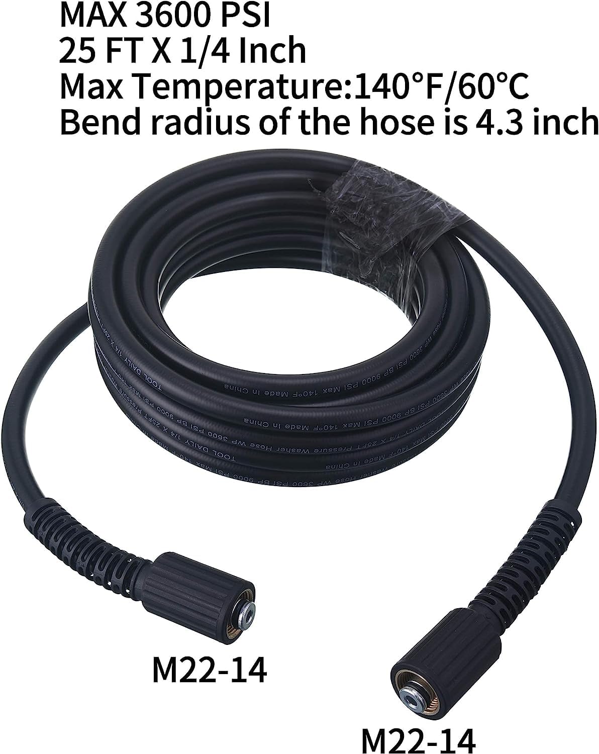 Tool Daily High Pressure Washer Hose, 25 FT X 1/4 Inch, 3600 PSI, M22 14mm, Replacement Power Washer Hose for Most Brands