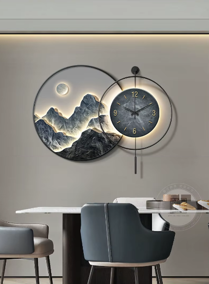 Decorative Painting With Clock Back, Hanging Painting, High-end Living Room Landscape Painting, High-end Light Luxury Mural