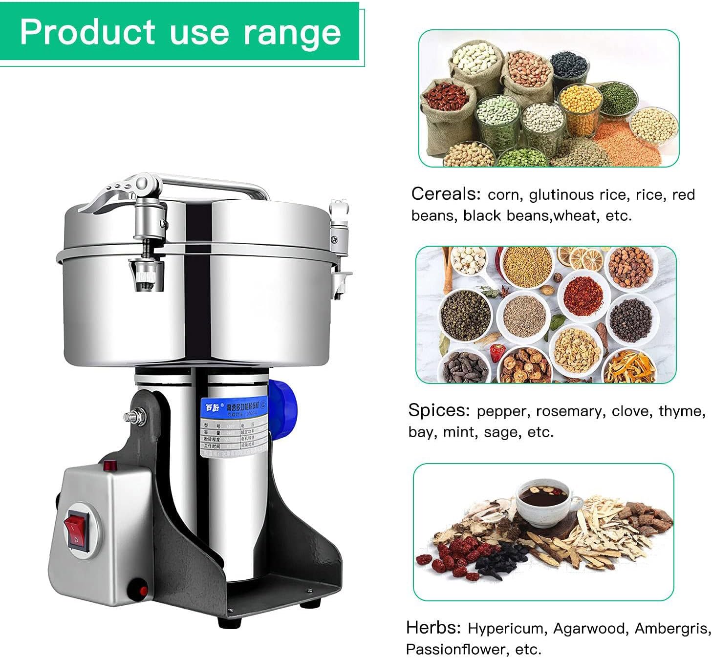 ANXYYDS Electric Grain Grinder Spice Grain Mill Stainless Steel High Speedy Grinding with Overload Protection& 5min Timer Mill for Dry Spice Herbs/Nut/Coffee/Rice,4500g