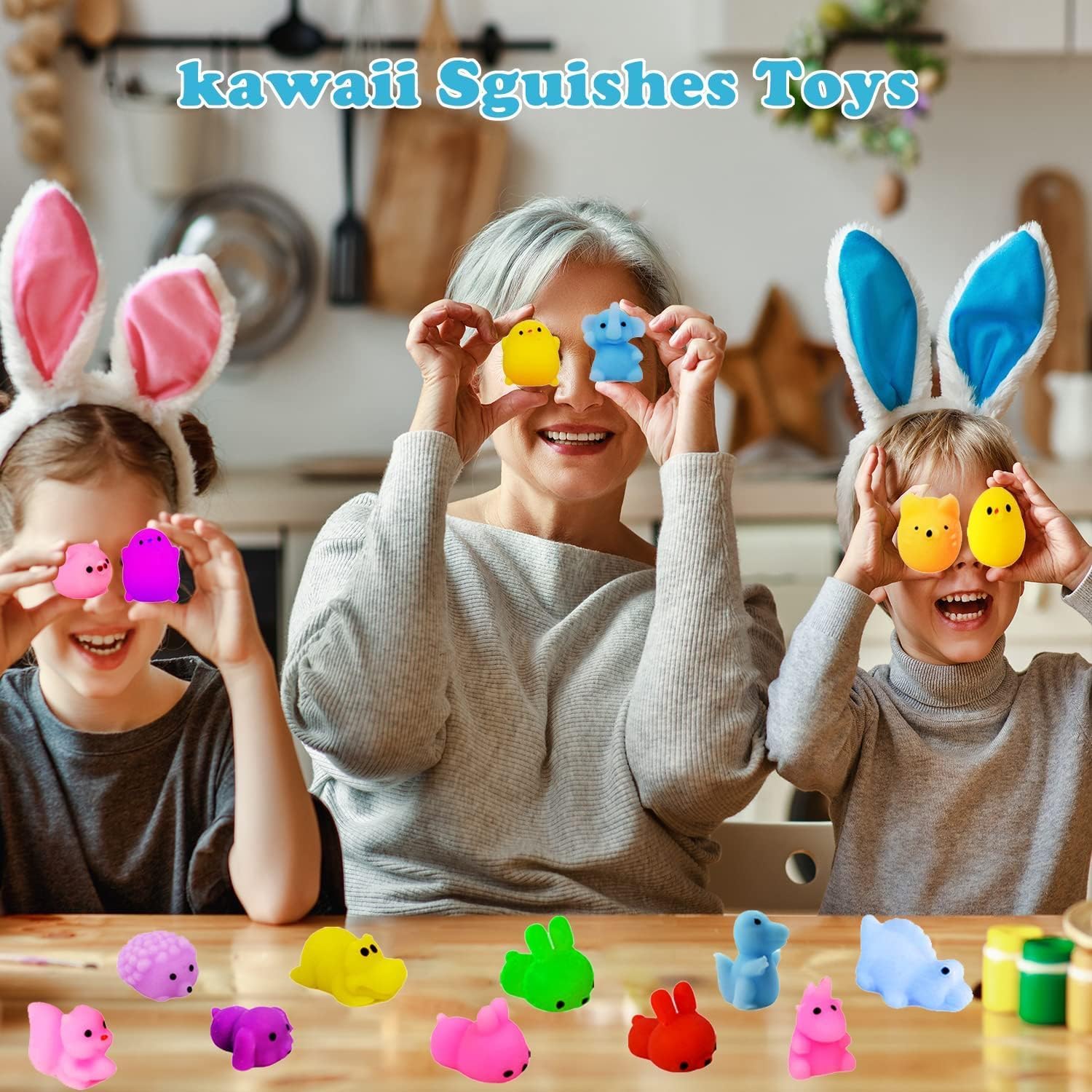 100Pcs Mochi Squishy Toys, Easter Squishies Fidget Toys Pack - Stress Relief Toys Party Bags Fillers for Easter Basket Stuffers Valentines Gifts Boys Girls Birthday Party Favors Gifts(Random)