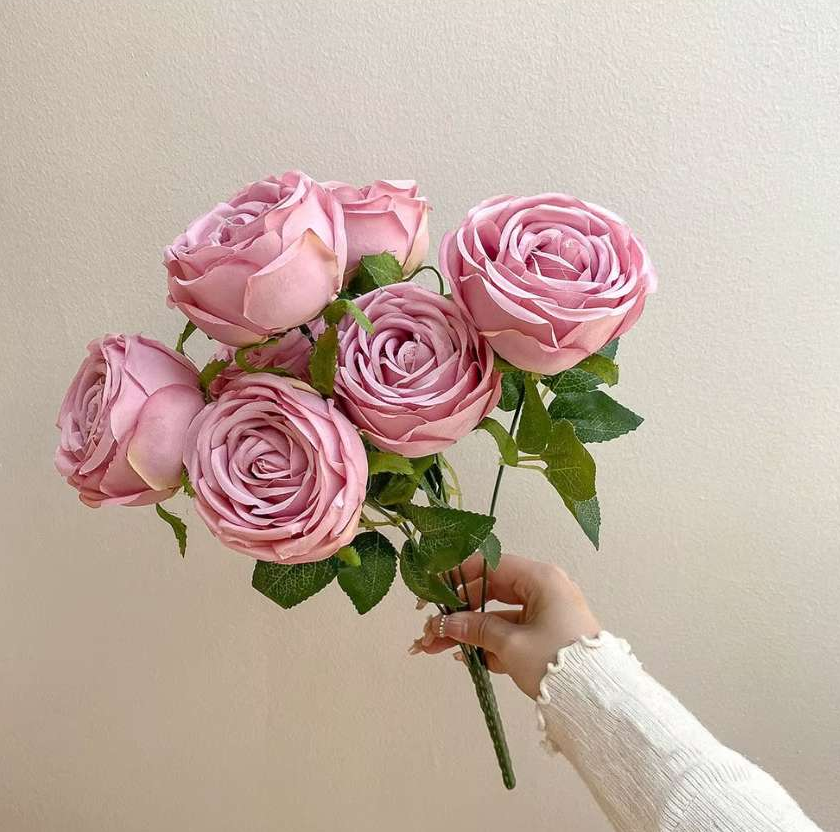 (pink)7 Heads Rose Artificial Wedding Home Decoration Brushed Cloth Simulation Rose Bouquet Home Hotel Decoration Fake Flowers