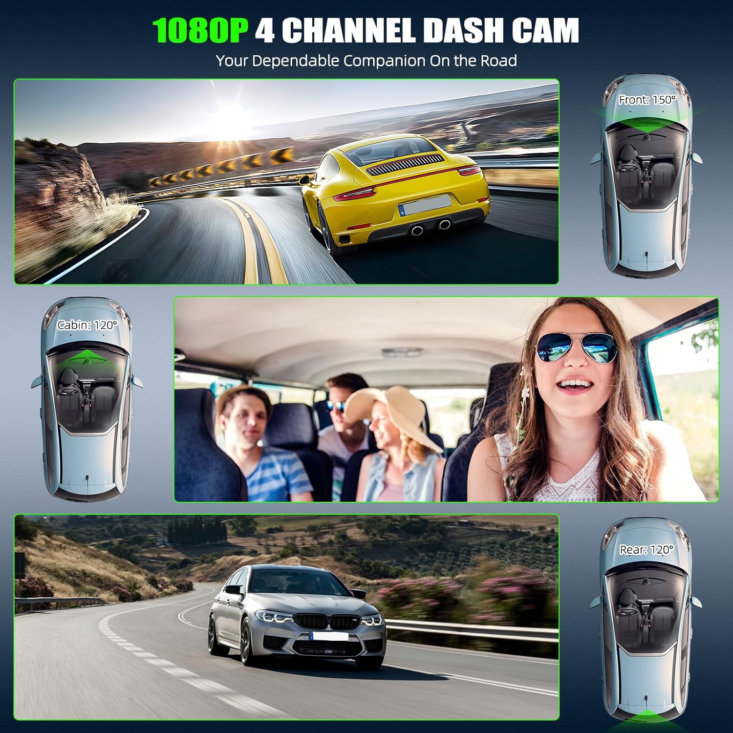 4 Channel Dash Cam Front and Rear Inside Left Right,3'' 1080P Dash Camera for Cars,Dash Camera Car Camera with App Control,Super Night Vision,Motion Detection,Loop Recording,G-Sensor,24 Parking Monito